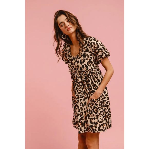 BiBi Leopard Print Woven Puff Sleeves Dress with Patch - Picture 6 of 14